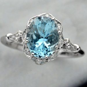 *NEW 925 Sterling Silver Aquamarine Diamond Ring